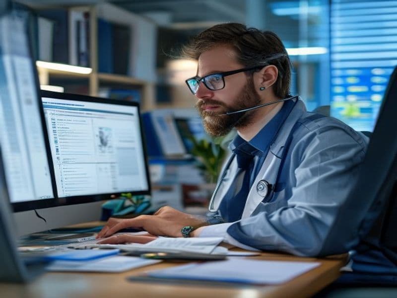 Healthcare team reviewing claim denials and AR management on computers